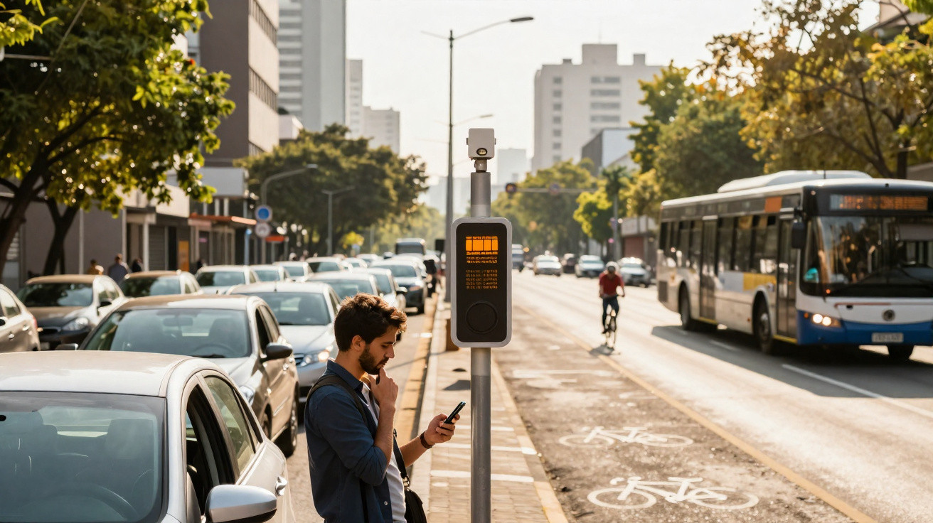 Man using a phone beside a bus stop with traffic, cyclists, and tall buildings in the background on a sunny day.