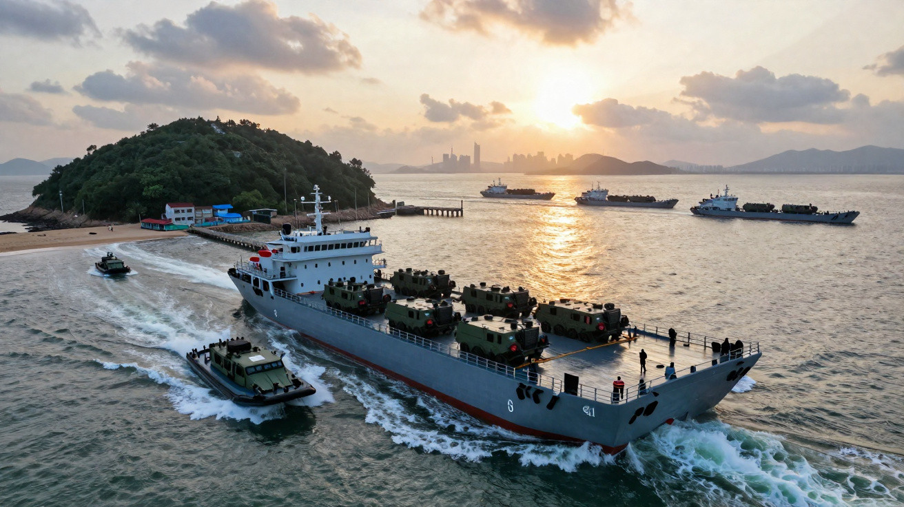 Military vehicles loaded on a large naval ship near a small island at sunset with city skyline in the distance.