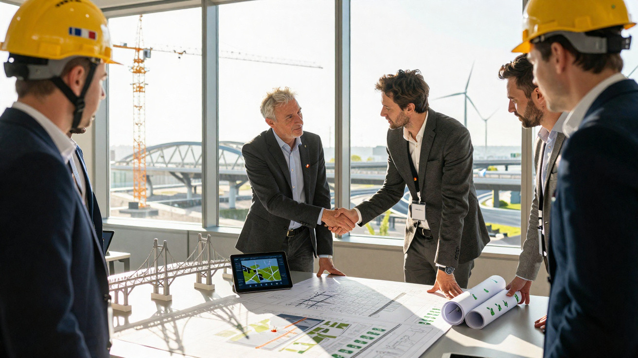 Engineers and architects in a meeting, two men shaking hands over construction plans in a bright office.