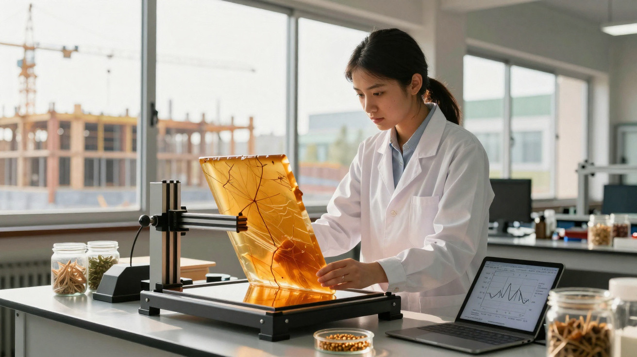 Scientist in white lab coat examining an amber fossil leaf on a light table in a bright laboratory.