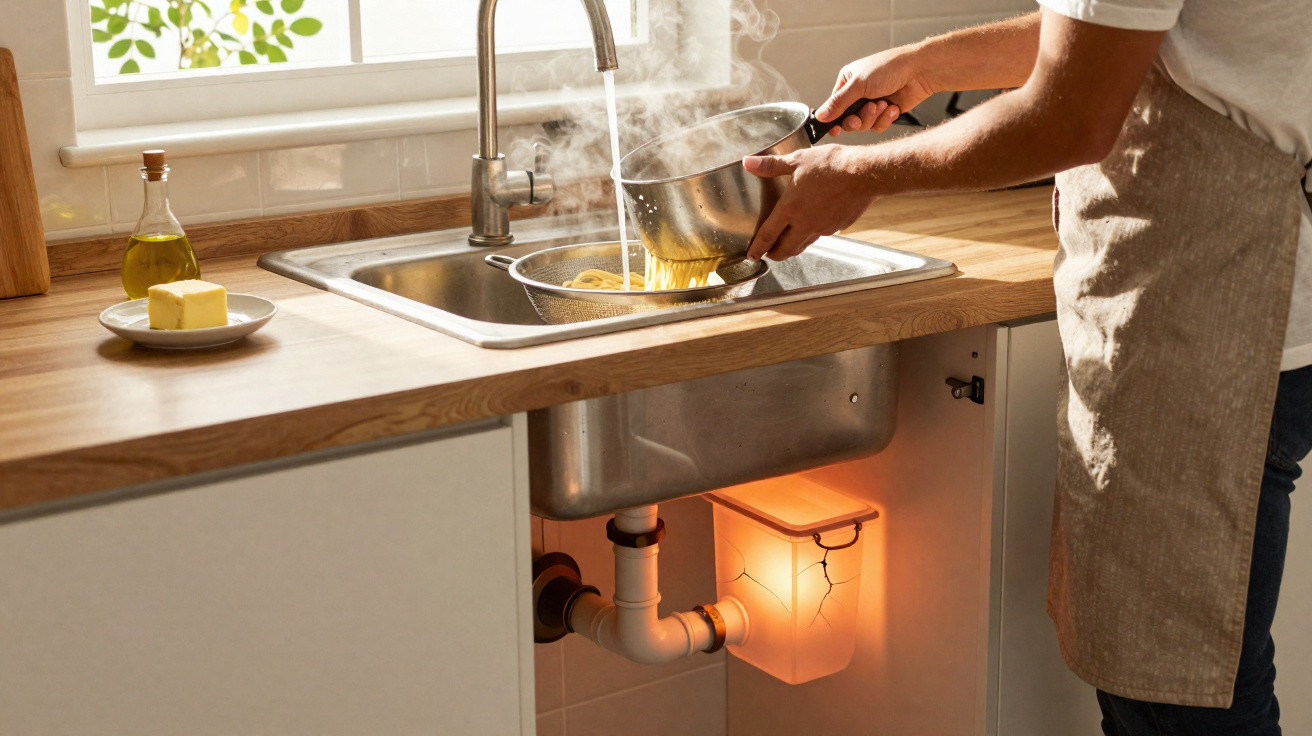 Person draining steaming pasta into a colander over a kitchen sink with food waste disposer visible below.