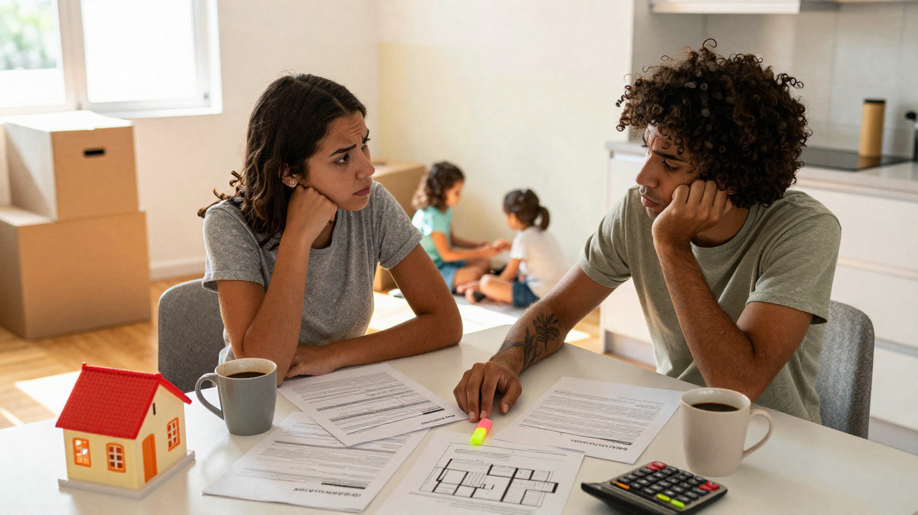 Couple discussing housing plans and finances at a table with paperwork, calculator, coffee, and a model house.