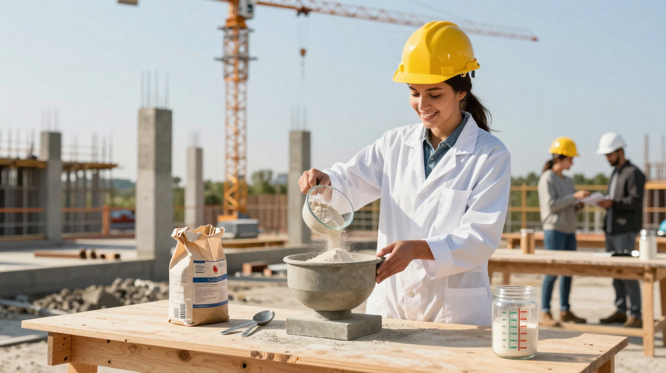 Female construction worker in safety helmet mixing materials on wooden table at busy construction site