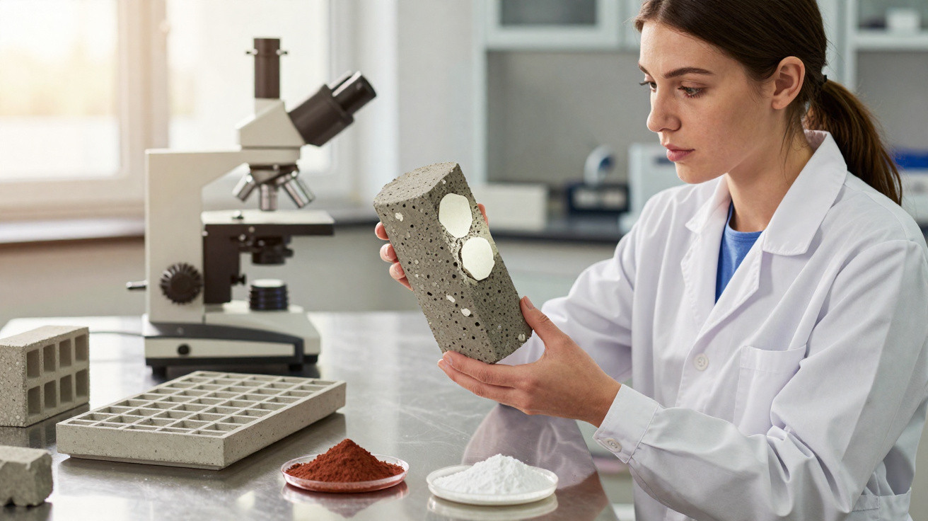 Scientist in lab coat examining a porous concrete block with samples and microscope on table.