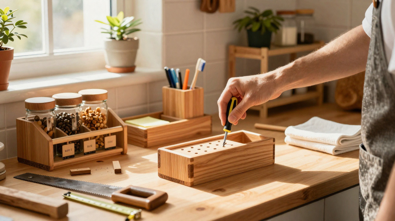 Person using a screwdriver to make holes in a wooden board on a workshop bench with tools and jars nearby.