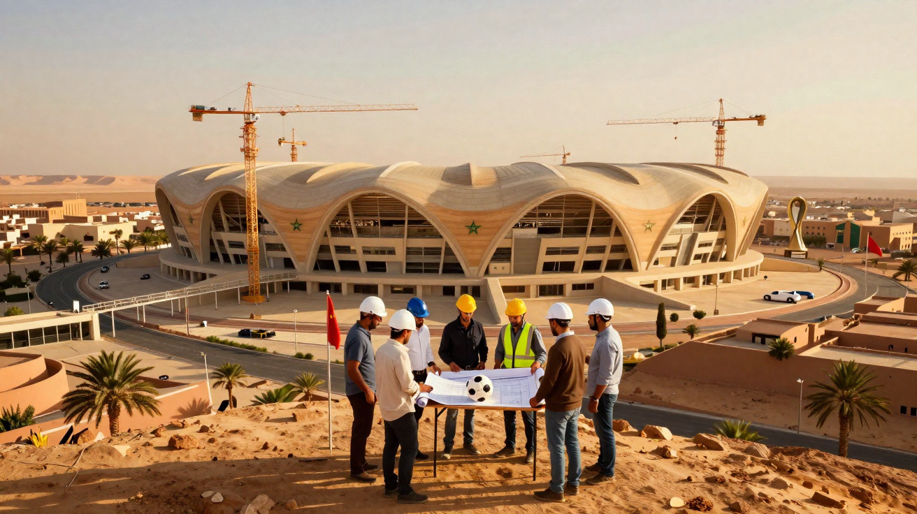 Group of construction workers reviewing plans on a desert site with a large stadium and cranes in the background.