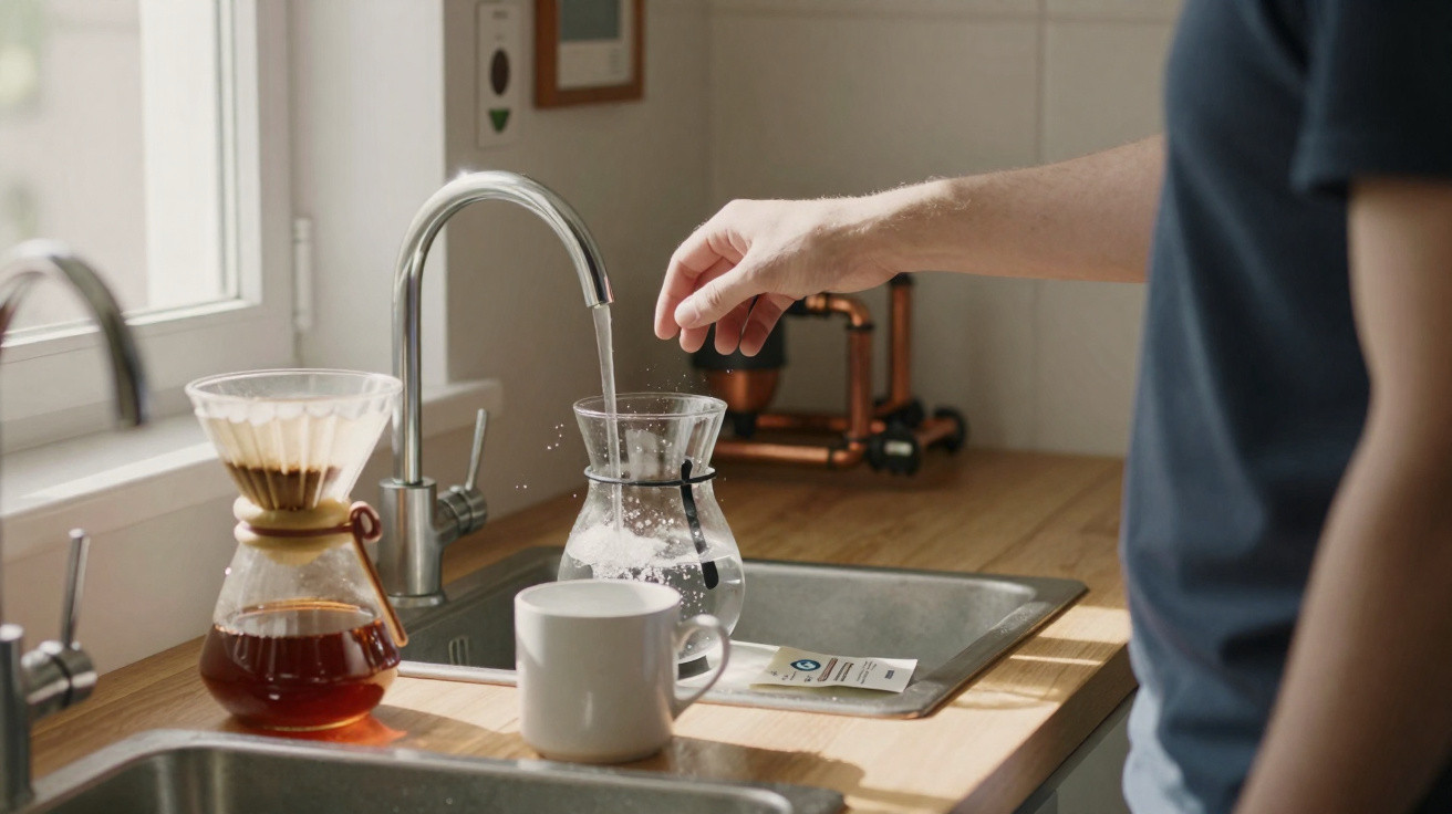 Person filling a glass coffee carafe with water from a kitchen tap beside a coffee mug and a Chemex brewer.