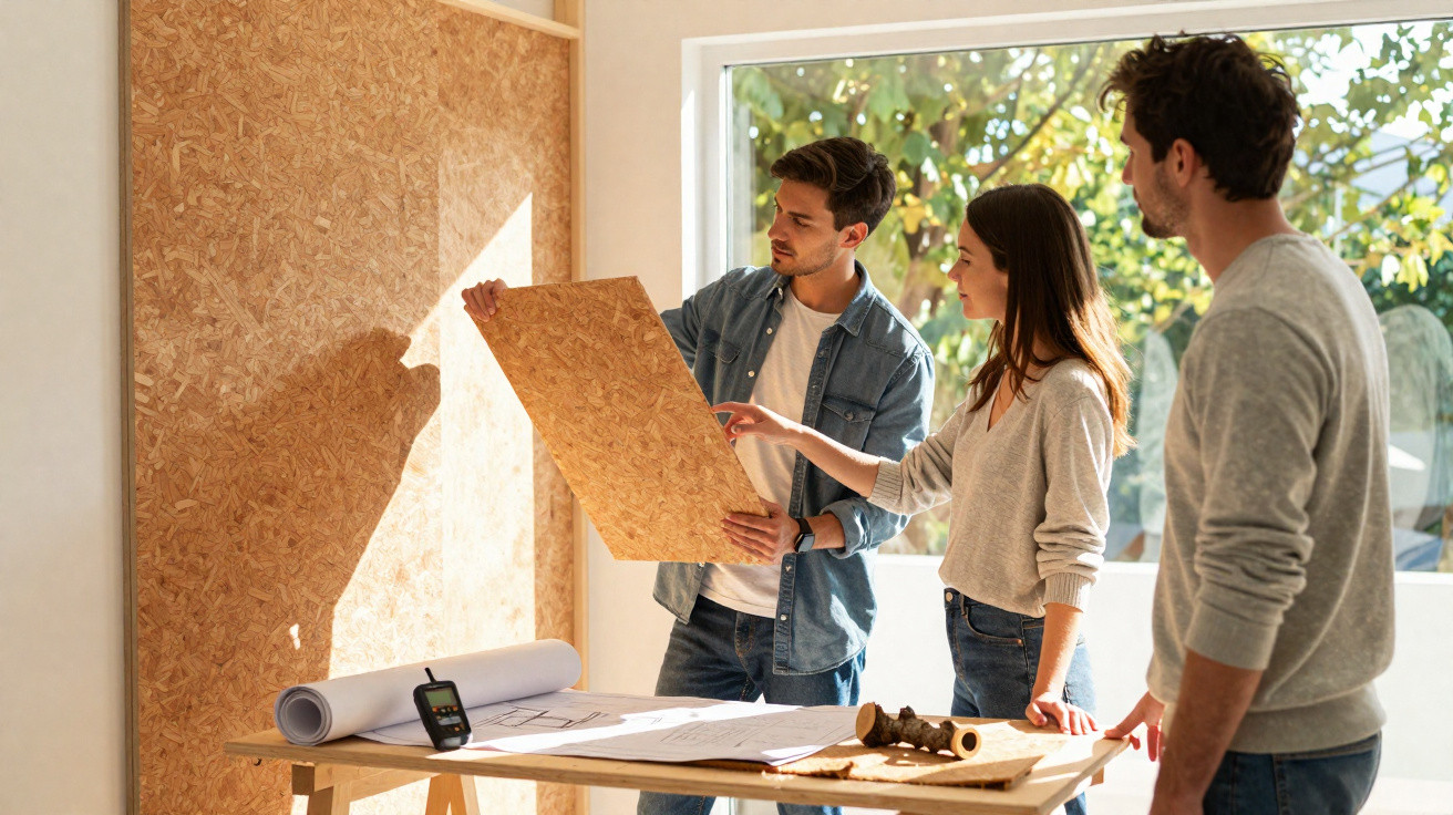 Three people examining wooden boards and blueprints in a sunlit room with a large window.
