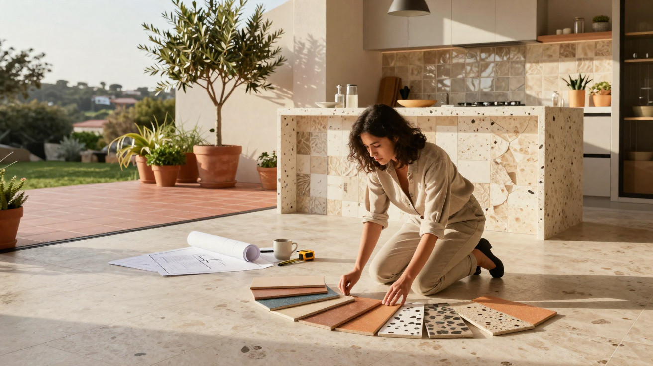 Woman kneeling on tiled floor arranging various tile samples in a semicircle in a sunlit open-plan kitchen.