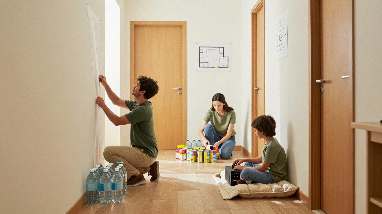 Three people in a hallway preparing for an emergency with water bottles, canned food, and a power generator.