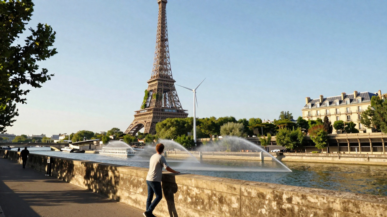 Person leaning on stone railing near Seine River with Eiffel Tower and water fountain in bright daylight.