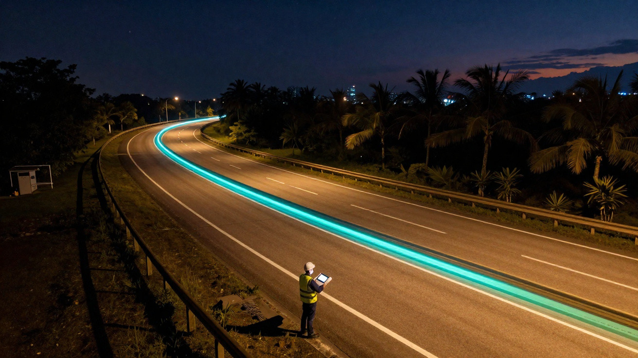 Person in high-visibility vest using a tablet by a curved road glowing with blue light trails at night.