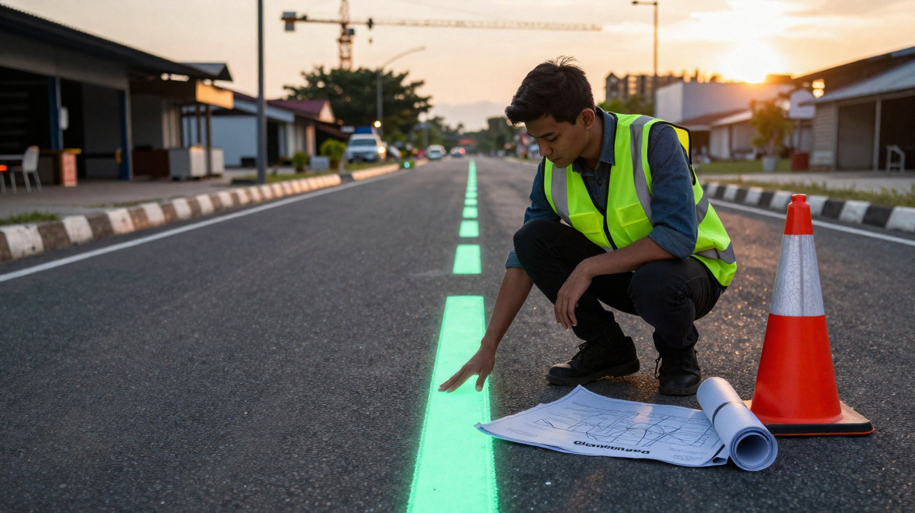 Man in high-visibility vest inspecting glowing green road markings next to construction plans and traffic cone at sunset.