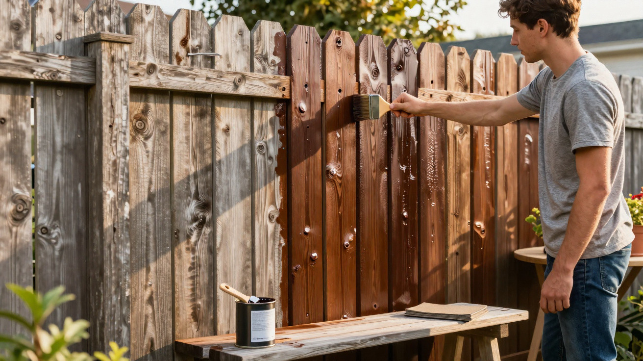 Man painting a wooden fence brown using a brush on a sunny day in a garden.