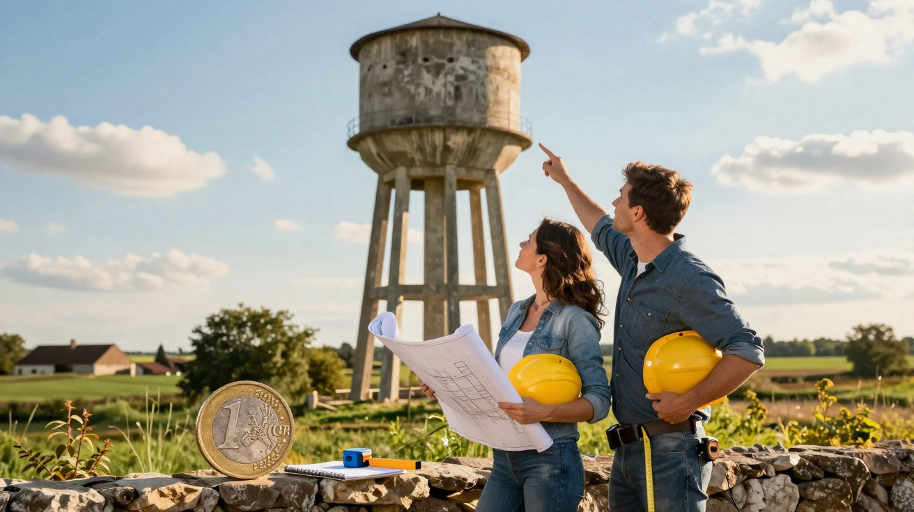 Two engineers with yellow helmets reviewing plans near a rural water tower on a sunny day.