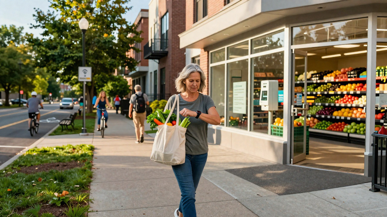 Woman carrying groceries in a reusable bag checks her watch while walking past a fruit and vegetable store on a sunny day.