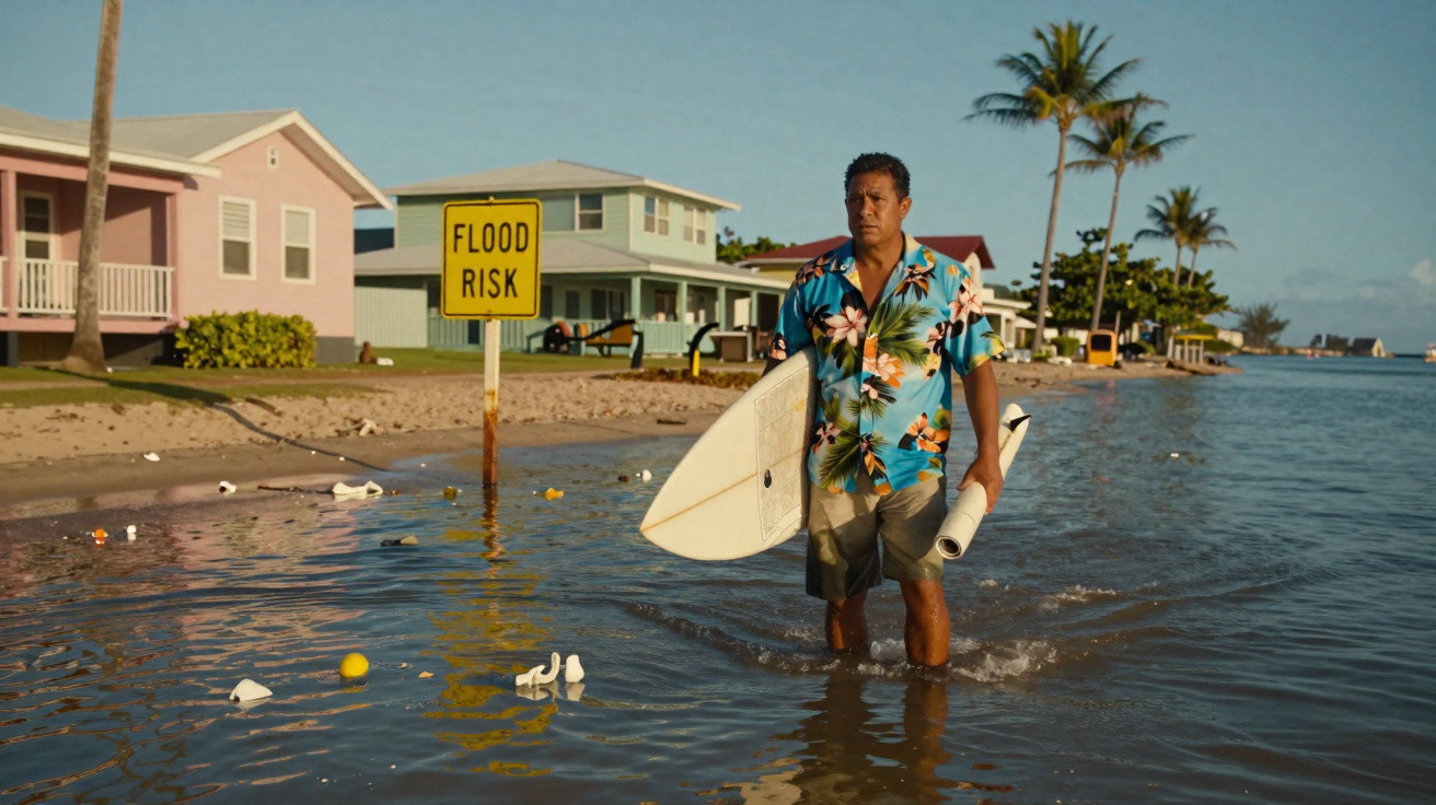 Man in tropical shirt carrying surfboard walking through floodwater near houses with a flood risk sign and palm trees.