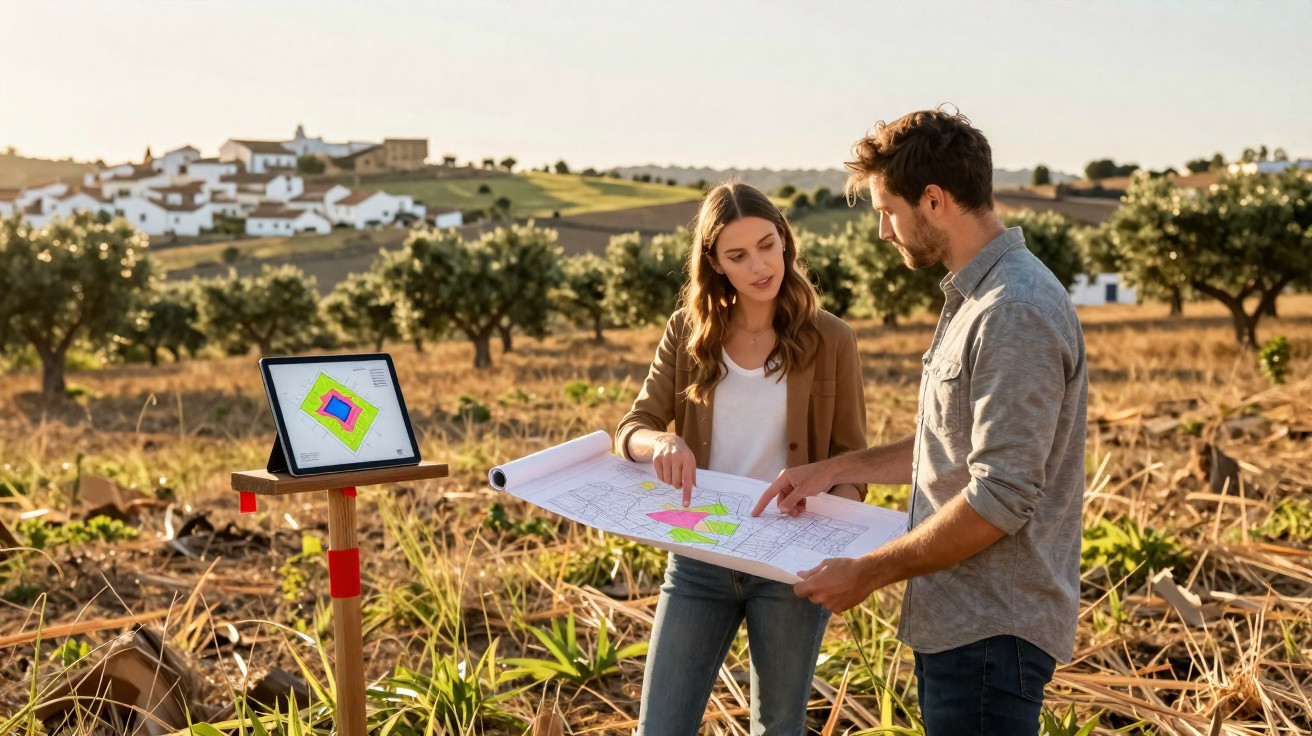Two people examine a land development plan outdoors in a rural field with a tablet on a stand nearby.