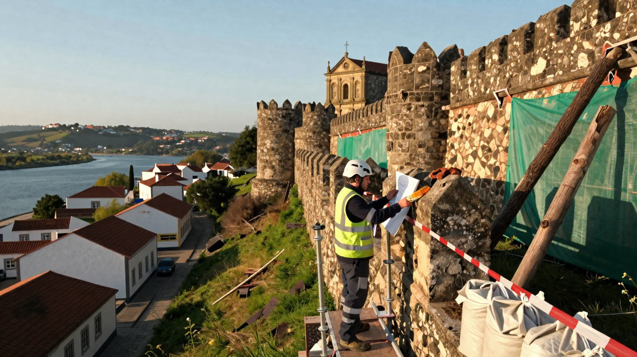 Worker in safety gear examines plans while restoring a stone castle wall overlooking a riverside village at sunset.