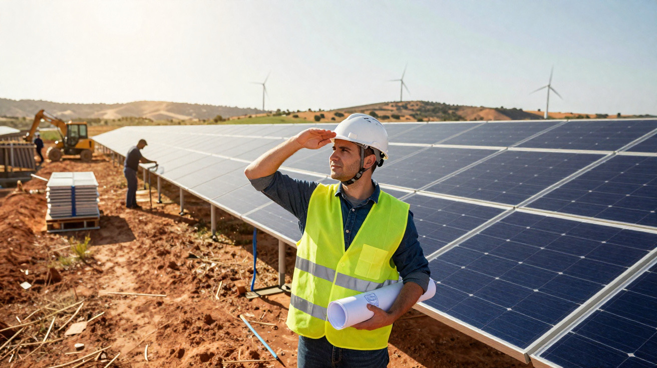 Engineer in a high-visibility vest and helmet holding plans near solar panels with wind turbines in the background.