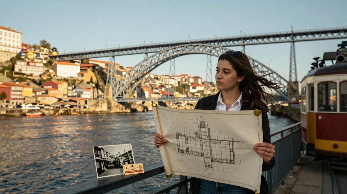 Woman holding architectural blueprint by a riverside with a steel arch bridge and vintage tram in the background.