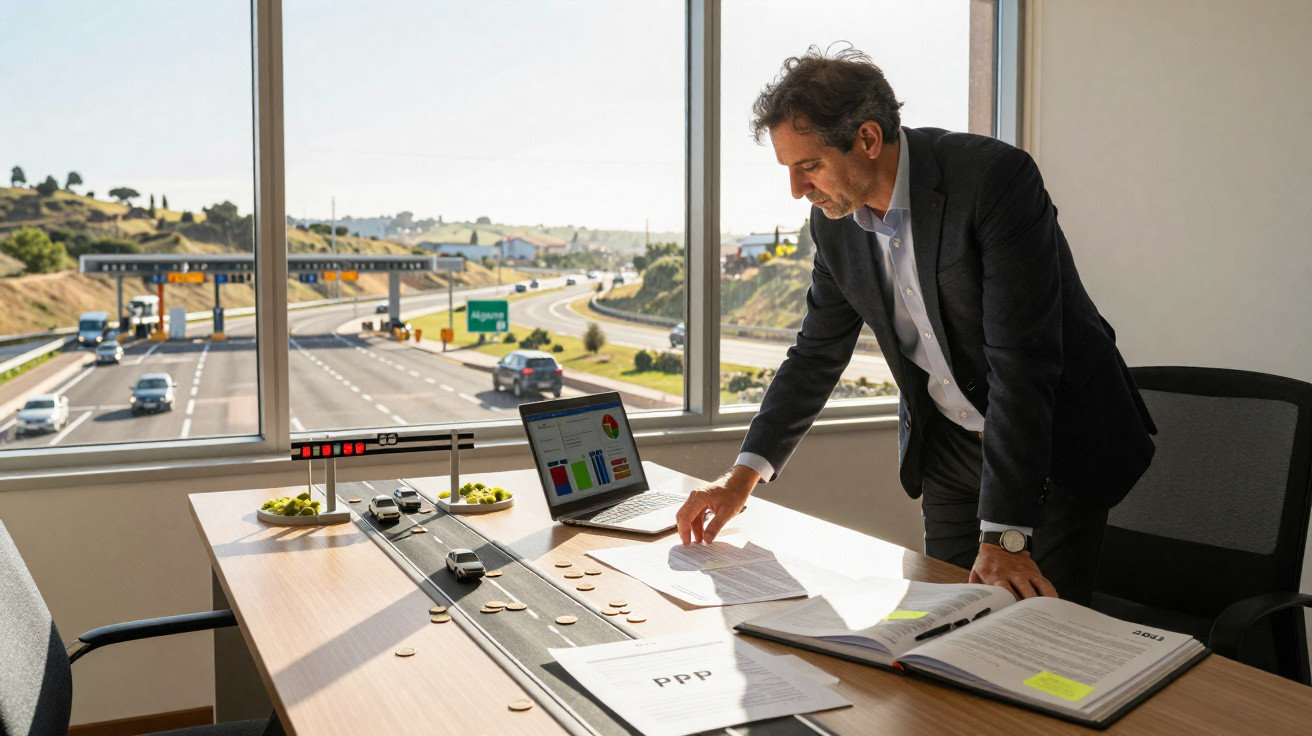 Businessman analysing traffic simulation with model cars on table in office overlooking motorway.