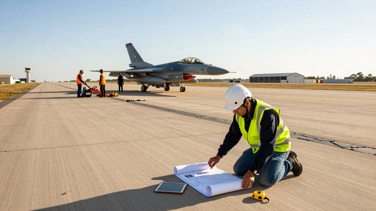 Man in high-visibility vest and helmet reviewing plans on an airstrip with a fighter jet and crew in the background