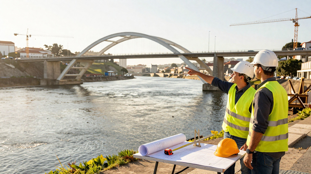 Two construction workers in safety gear reviewing plans by a river with a modern arched bridge in the background.