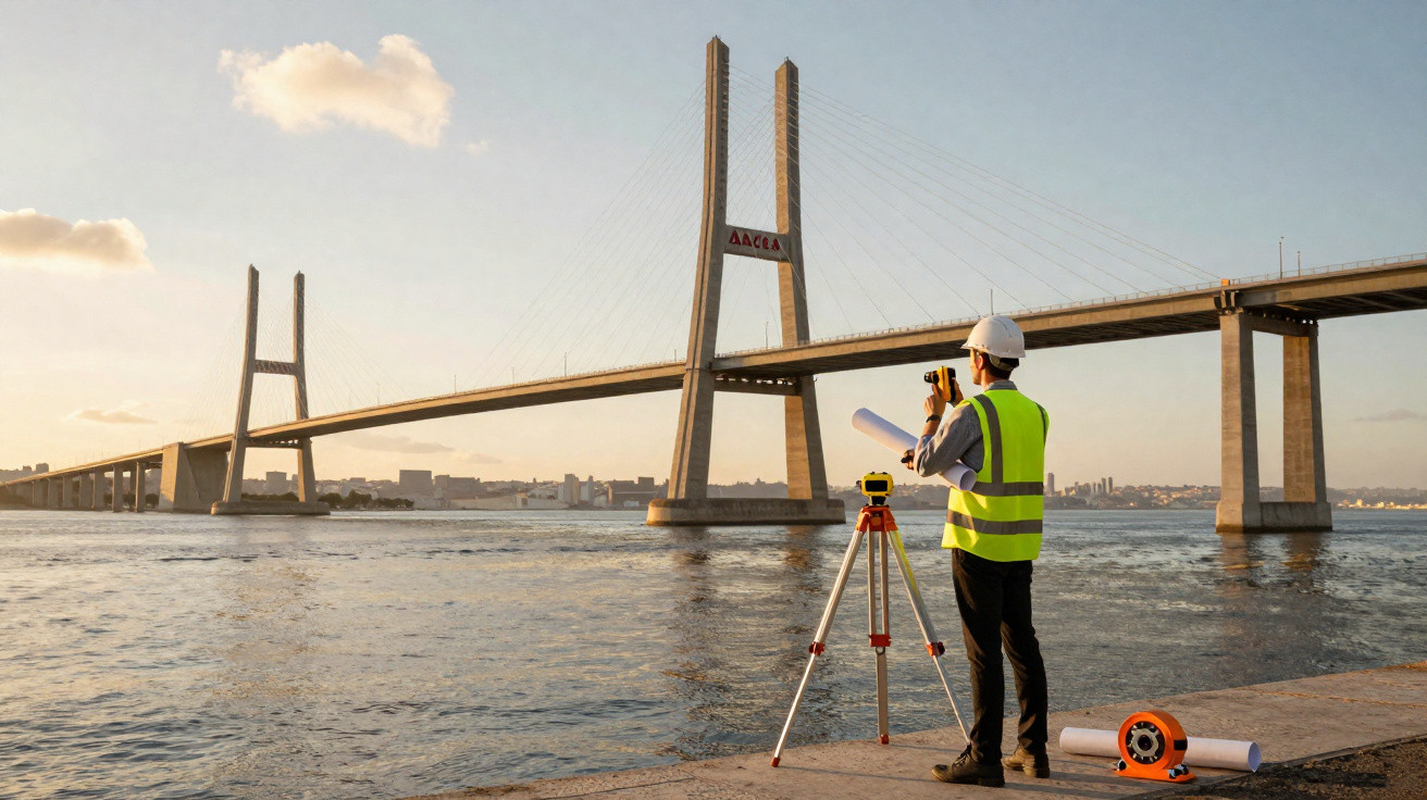 Surveyor in high-visibility vest and helmet using equipment beside a large suspension bridge over water at sunset.