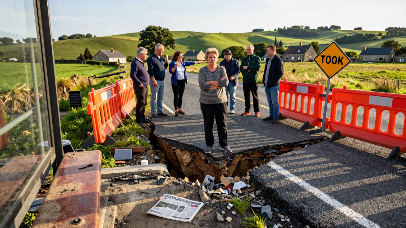 Group of people standing near a collapsed road section marked with orange barriers and a yellow "TOOK" sign in a rural area.