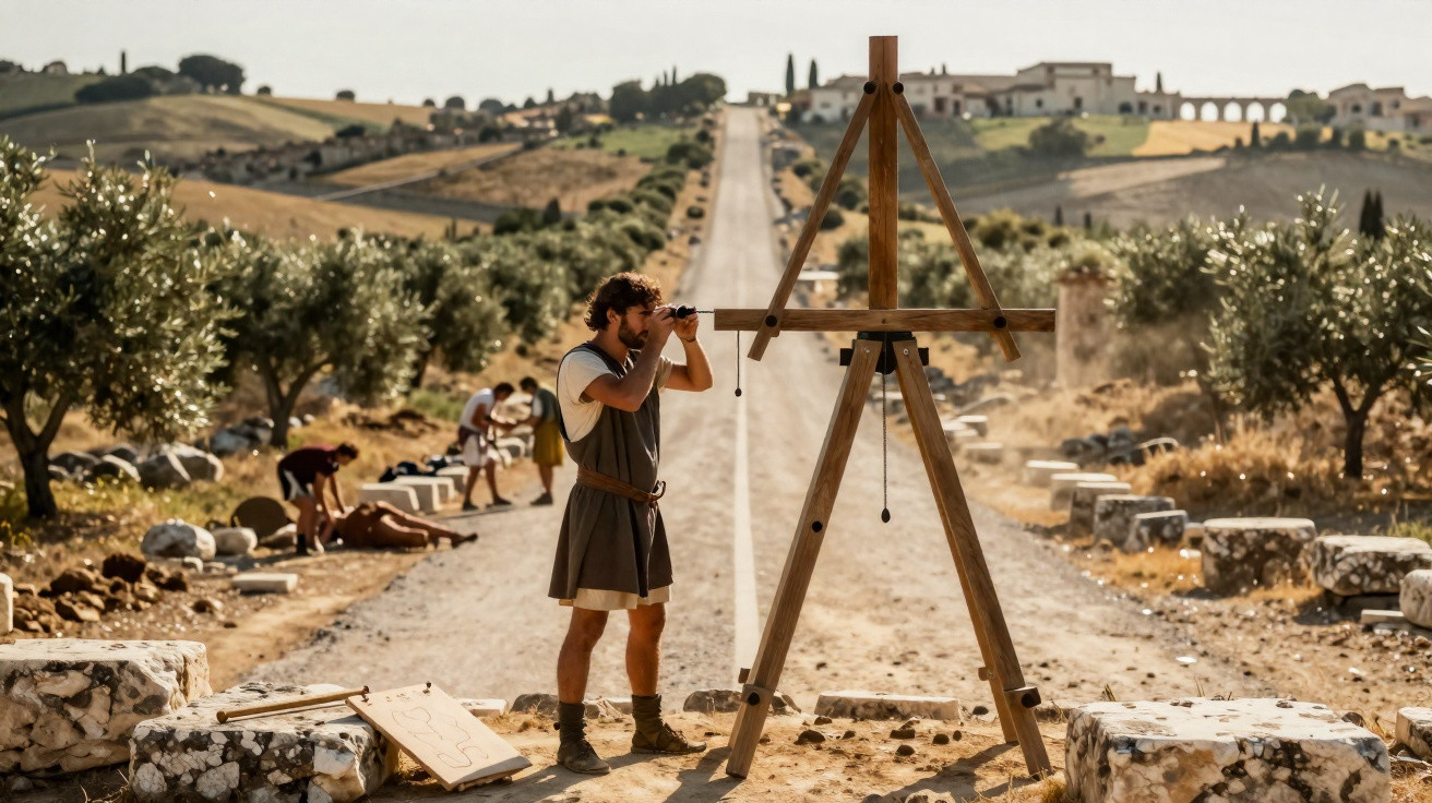 Man in ancient attire using a wooden easel and binoculars on a dusty road with olive trees and ruins nearby.