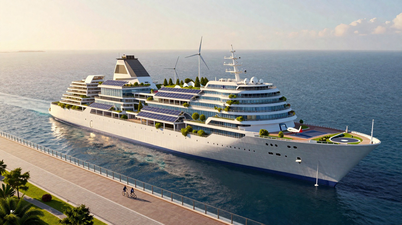 Large modern cruise ship with solar panels and wind turbines docked near a promenade with cyclists.